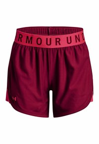 Damen-Sportshorts aus rotem Stoff mit einem dehnbaren Bund, der "ARMOUR" in fetten pinken Buchstaben trägt, seitlichen Schlitzen für Bewegungsfreiheit.