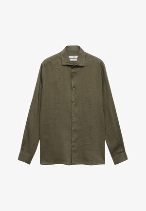 Olivgrön långärmad skjorta i linne med knäppning framtill, bred krage och enkla manschetter.