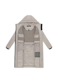 Lichtgrijze jas met een gestructureerde fleece voering, ritssluiting, capuchon en zwarte accenten op de manchetten; inclusief onderhoudsetiket en binnenzakken.