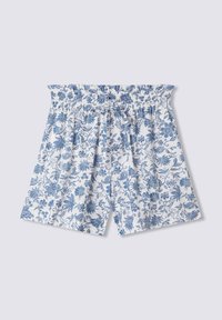 Shorts blu con motivo floreale, dotati di cintura elastica e realizzati in tessuto leggero. Il design presenta vari motivi di fiori e foglie.