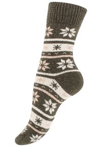 Calzettoni lavorati a maglia di colore verde scuro con un motivo di fiori bianchi e rosa e forme geometriche, dotati di un bordo a coste e un tessuto testurizzato.