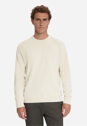 Man met krullend haar, gekleed in een effen crèmewollen trui en donkergrijze broek, staand tegen een witte achtergrond, naar voren kijkend.