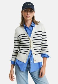 Cardigan rayé en crème et bleu marine, avec un décolleté en V, une fermeture à boutons et des manches trois-quarts, associé à une chemise bleu clair.