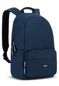 Navy blue backpack made of durable fabric, featuring padded shoulder straps, a front zip pocket, and a top carry handle.