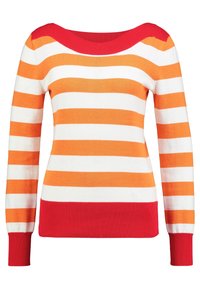 Pull rayé présentant des bandes alternées orange vif et blanc, un large col rouge, ainsi que des poignets et un ourlet côtelés pour plus de texture.