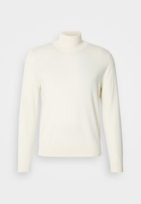 Pull col roulé couleur crème en tissu doux, avec des manches longues et une silhouette ajustée, sans motifs visibles ni embellissements.
