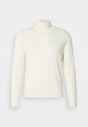 Cream-colored turtleneck sweater made from soft fabric, featuring long sleeves and a fitted silhouette, without any visible patterns or embellishments.