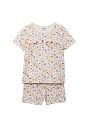 Ensemble pyjama deux pièces pour enfants, fond blanc, imprimé floral multicolore et lapins, manches courtes, détail volanté sur le haut, et short assorti.