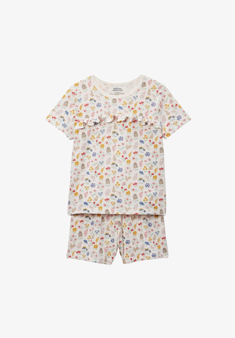 Ensemble pyjama deux pièces pour enfants, fond blanc, imprimé floral multicolore et lapins, manches courtes, détail volanté sur le haut, et short assorti.