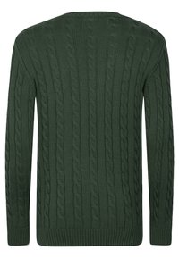 Pull vert en tricot présentant un motif torsadé, un col rond, des poignets et un ourlet côtelés, avec une finition texturée.