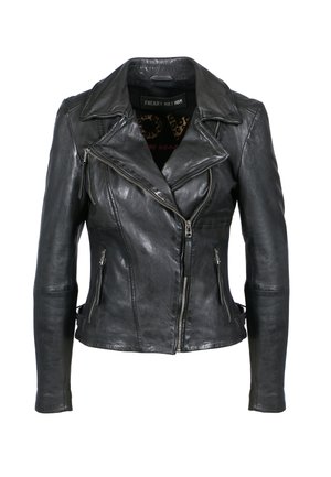 Giubbotto da moto in pelle nera con colletto a scollatura, zip anteriore asimmetrica, due tasche con zip e finitura texturizzata. Foderato con un'interiore a motivo.