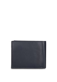 Portafoglio in pelle blu navy con texture liscia, design a due ante e dettagli di cuciture visibili sui bordi. Compatto e di forma rettangolare.