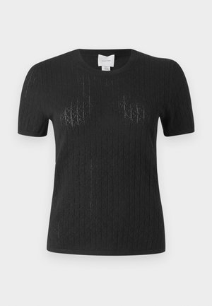 Svart kortermet strikket topp med et teksturert diamantmønster, rund halslinje og en tettsittende silhuett. Laget av lett materiale.