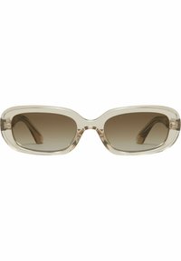 Lunettes de soleil rectangulaires en plastique avec une monture beige clair et des verres bruns dégradés. Elles présentent des bords lisses et des branches fines.
