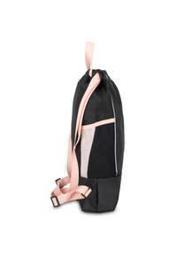 Zaino con cordoncino realizzato in tessuto nero, con dettagli rosa e una striscia bianca. Presenta spallacci regolabili e una base testurizzata.