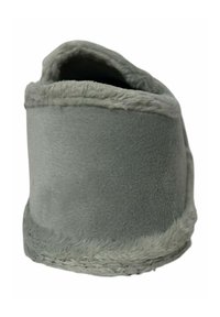Grey slipper with a soft plush texture, rounded shape, and fur trim at the opening, designed for comfort and warmth.