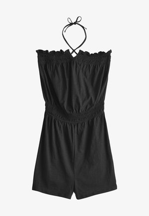 Musta ilmanhiha rompers, jossa on kaulaaukon nauha, joustava smockattu yläosa ja vyötärö, sekä löysät shortsit.