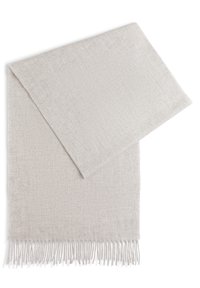 Hellgrauer, gewebter Schal mit einer weichen Textur, mit Fransenenden versehen, in rechteckiger Form und mit einem subtilen, zarten Muster.