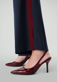Chaussures à talons aiguilles à imprimé serpent rouge avec un bout pointu et une finition brillante, associées à un pantalon bleu marine avec une rayure bourgogne.