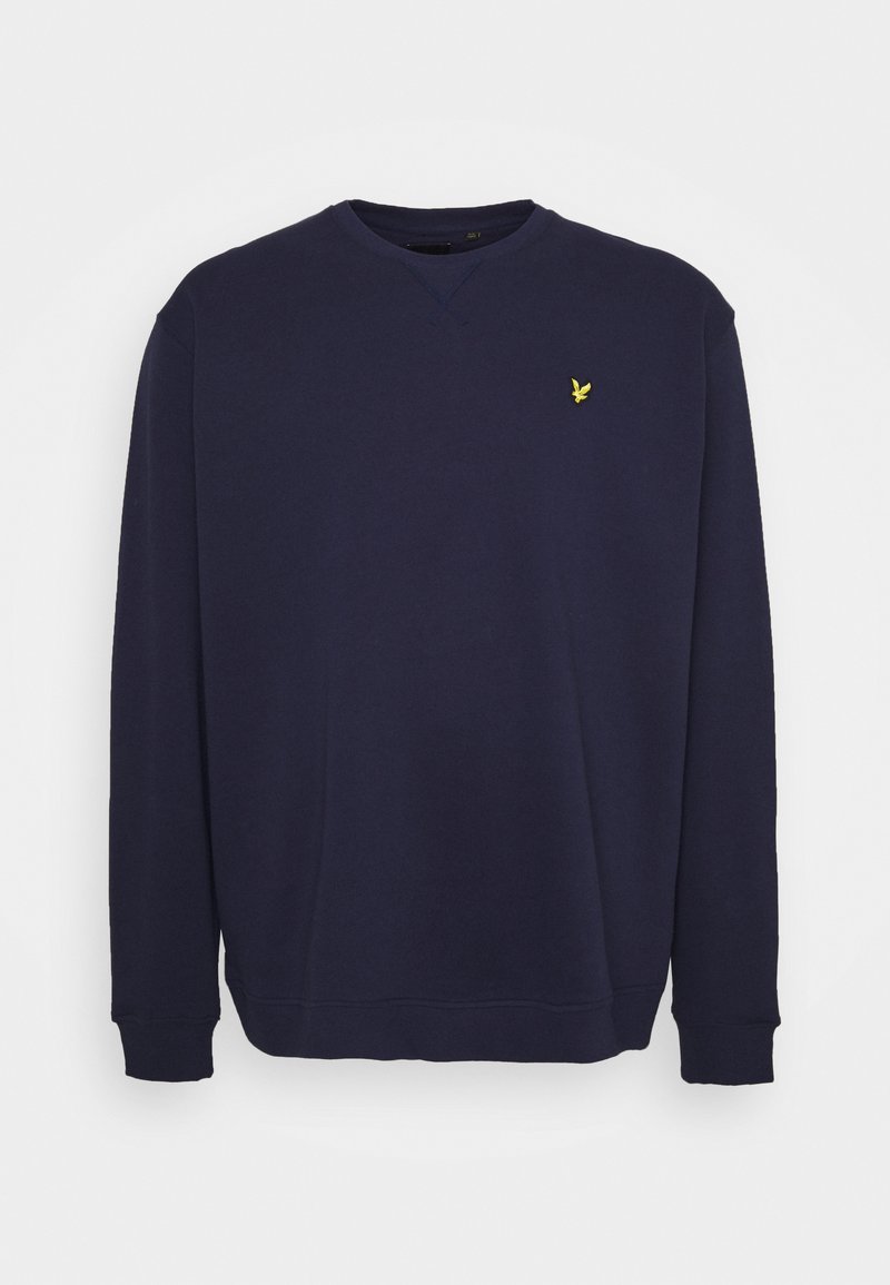 Sweatshirt azul-marinho em tecido suave, com gola redonda e punhos canelados, apresentando um pequeno logotipo amarelo no lado esquerdo do peito.