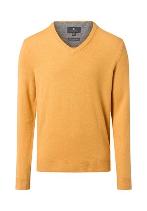 Żółty sweter w serek wykonany z odpowiedzialnej wełny. Posiada długie rękawy, ściągacze oraz gładką, miękką teksturę.