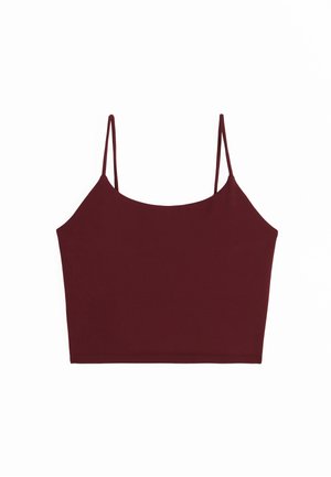 Top corto senza maniche con sottili spalline in rosso scuro uniforme, steso su sfondo bianco.