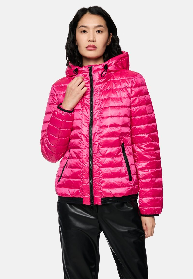 Fuchsia puffer jacket with quilted texture, zip closure, adjustable hood, and black accents; paired with black pants.