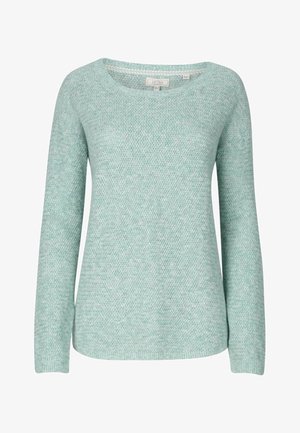 Light green sweater with a textured knit pattern, long sleeves, and a rounded neckline. Features ribbed cuffs and hem for added detail.