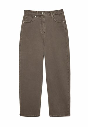 Brune denimbukser med høj talje, lige ben, forlommer og en diskret tekstur. Har metal knap og nitter.