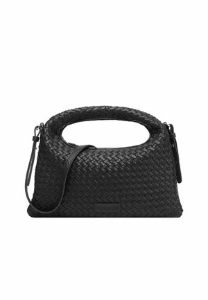 Borsa a mano in pelle intrecciata nera con forma strutturata, un manico superiore prominente e una tracolla rimovibile. Presenta una texture liscia e un accento con logo.