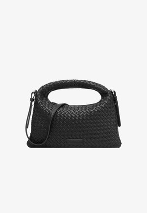 Black woven leather handbag with a structured shape, a prominent top handle, and a detachable shoulder strap. Features smooth texture and logo accent.