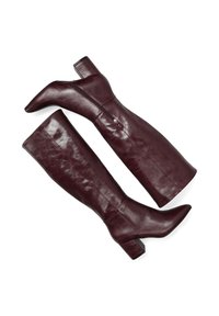 Kozačky z burgundy k ůže do výšky po kolena, s špičatou špičkou, blokovým podpatkem a zadním zipem. Hladký povrch s minimálním viditelným zdobením.