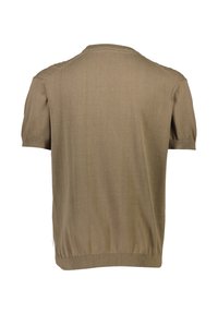 Kortärmad, olivgrön stickad tröja med ribbat avslut och axeldetaljer, med en klassisk rund halsringning och mjuk textur.