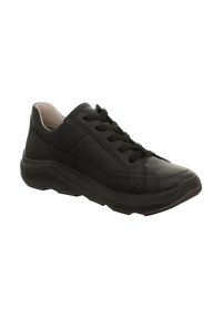 Schwarze Ledersneaker mit runder Zehenpartie, gestepptem Design, Schnürverschluss und gepolsteter Sohle für Komfort.