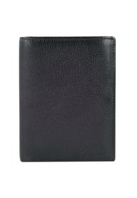 Black leather wallet with a textured surface, rectangular shape, and embossed logo. Minimalist design, featuring no additional accents or patterns.