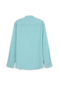 Camicia a maniche lunghe di un leggero color turchese, realizzata in tessuto testurizzato. Presenta un colletto classico e polsini con bottoni. Vista dal retro, senza motivi o dettagli.