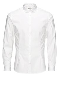 Camicia bianca a maniche lunghe con colletto, chiusura frontale a bottoni e polsini con un solo bottone. Realizzata in tessuto liscio senza motivi visibili.