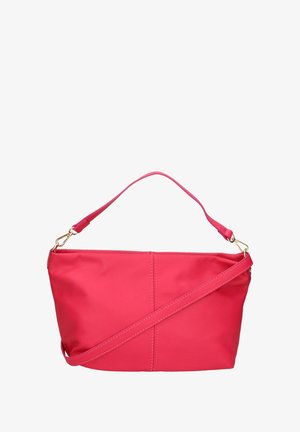 Roze faux leren handtas met een gestructureerde vorm, korte schouderband en lange verstelbare crossbody strap. Gouden hardware accenten zichtbaar.