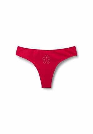 String rouge en tissu doux avec un motif de bonhomme en pain d'épice orné de petits strass au centre avant.