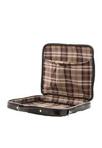 Borsa in pelle nera con chiusura a zip, con interno in tessuto scozzese nei toni marrone, arancione e blu navy. Include una piccola tasca interna.