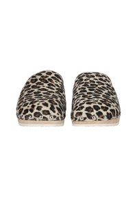 Leopard print slippers with a soft texture, rounded toe design, and small silver studs along the edge. Beige sole for comfort.