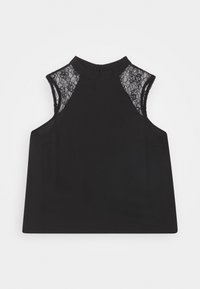 Black sleeveless top with a high neckline and lace accents on the shoulders. Smooth fabric with a relaxed, A-line shape and minimal detailing.