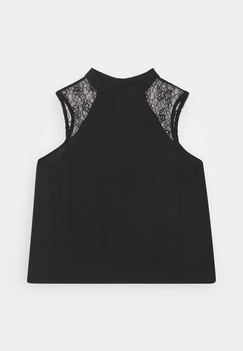 Black sleeveless top with a high neckline and lace accents on the shoulders. Smooth fabric with a relaxed, A-line shape and minimal detailing.