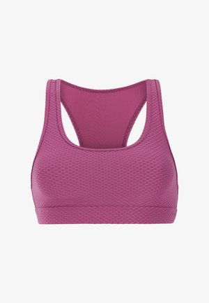 Sportbeha van gestructureerde mauvekleurige stof met brede bandjes en racerback ontwerp tegen een witte achtergrond.