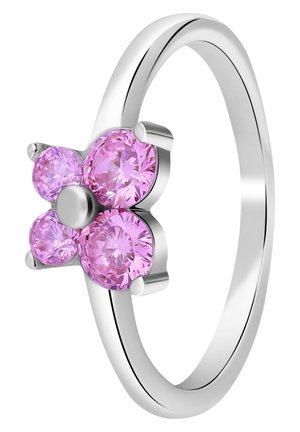Zilveren ring met een bloemenontwerp, drie ronde roze edelstenen en een centrale metalen accent, gepolijste afwerking, gladde band.