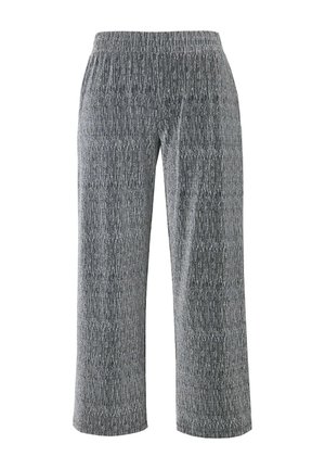 Pantalones grises con cintura elástica y tela texturizada que presenta rayas verticales. Largo recortado con un ajuste holgado y sin hardware visible.