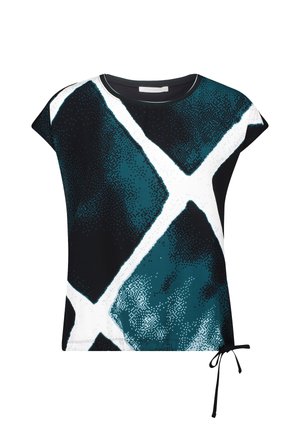 T-shirt z krótkimi rękawami w turkusowo-czarny wzór geometryczny, z białymi akcentami. Detal ze sznurkiem na dole, wykonany z miękkiego materiału.