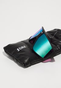 Black sport sunglasses with green-blue gradient lenses, resting on a padded black case with a white "bliz" logo. Angular design, durable material.