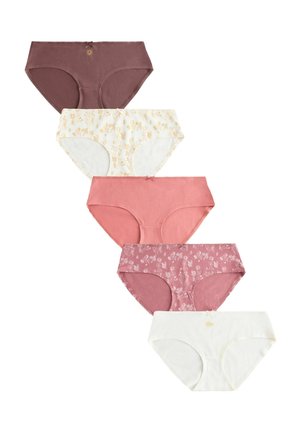 Öt női pamut bugyi különböző árnyalatokban: barna, krém sárga mintával, egyszínű rózsaszín, rózsaszín fehér virágmintával és egyszínű fehér.
