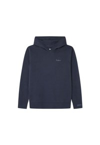 Námornícky modrý mikina s kapucňou, zmes bavlny, rebrované manžety a spodný lem, s malým logom na hrudi a potlačeným akcentom na rukáve.